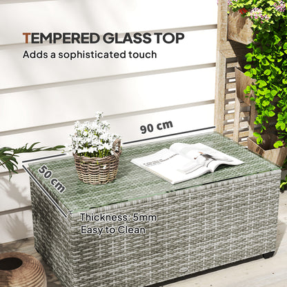 90 x 50cm Glass-Top Rattan Side Table - Light Grey