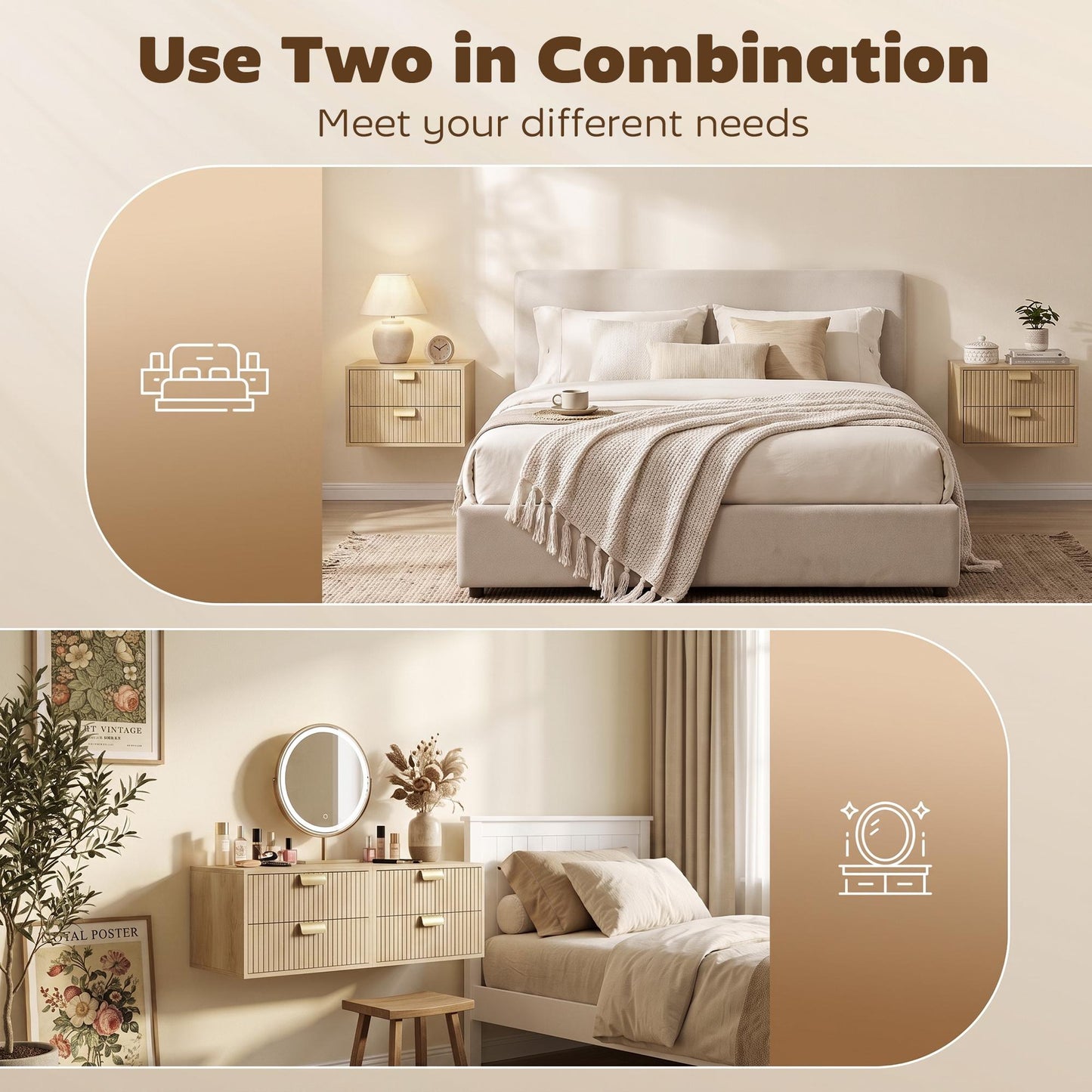 Modern Floating Nightstands Set of 2, Wall Mounted Bedside Tables with 2 Drawers, Oak