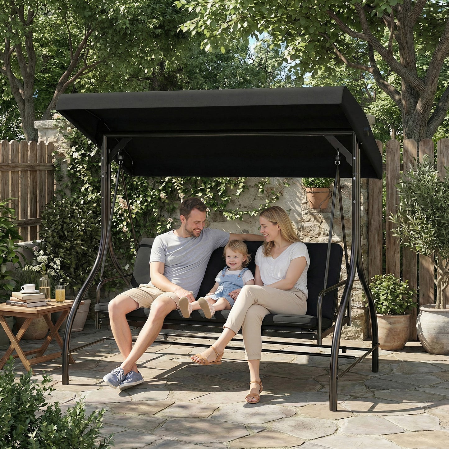 3 Seater Canopy Swing Chair, 2 in 1 Garden Swing Seat Bed, with Adjustable Canopy and Metal Frame, Black
