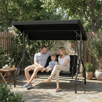 3 Seater Canopy Swing Chair, 2 in 1 Garden Swing Seat Bed, with Adjustable Canopy and Metal Frame, Black