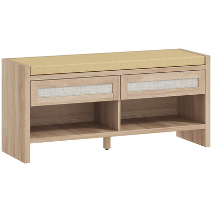 Boho Shoe Bench with 2 Rattan Drawers, Shoe Storage Bench with Cushioned Seat and Open Shelf Oak Wood Effect