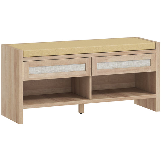 Boho Shoe Bench with 2 Rattan Drawers, Shoe Storage Bench with Cushioned Seat and Open Shelf Oak Wood Effect
