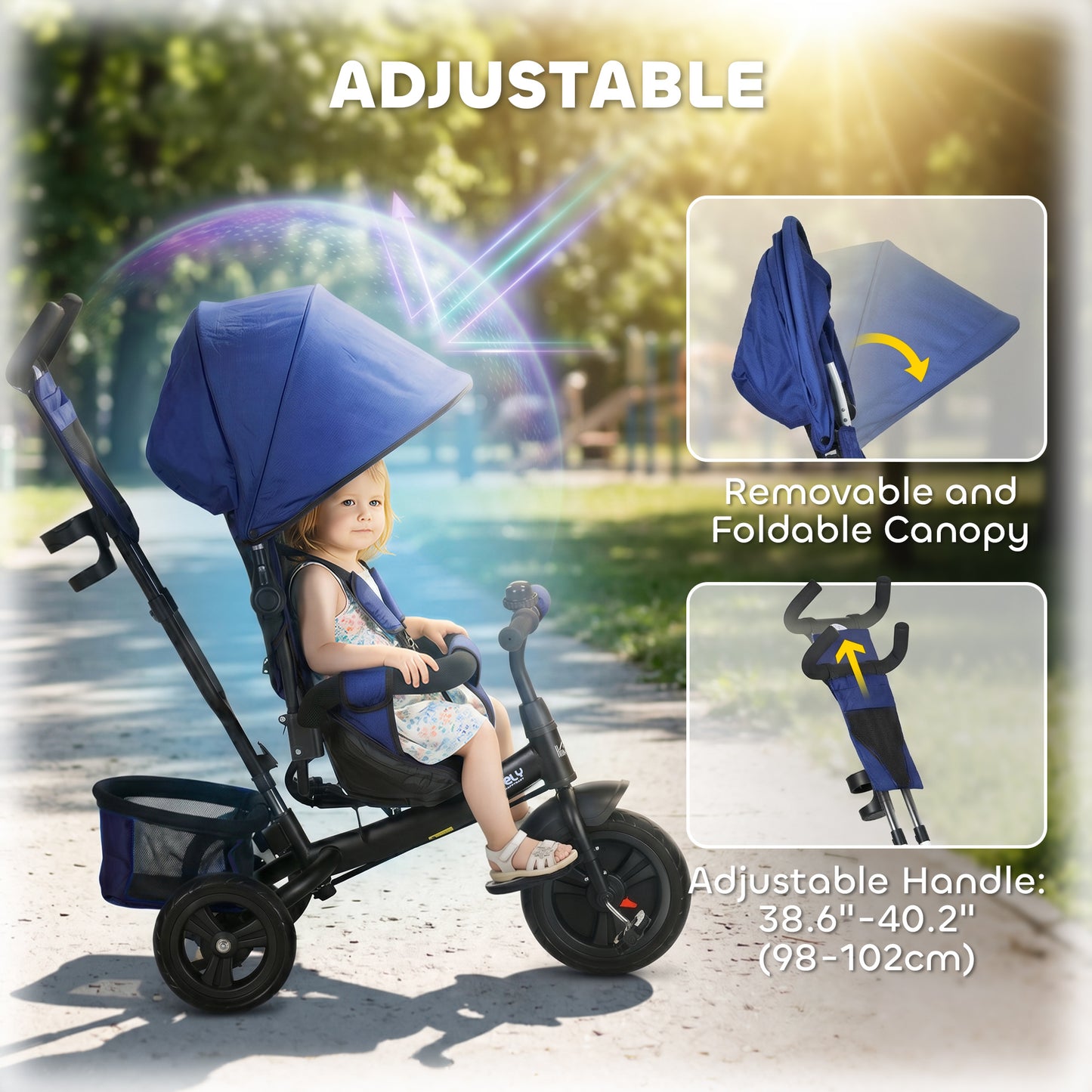 6 in 1 Kids Trike with Parent Handle, Canopy, 5-point Seat Belt, Storage, Footrest, Brake, for 1-5 Years, Dark Blue