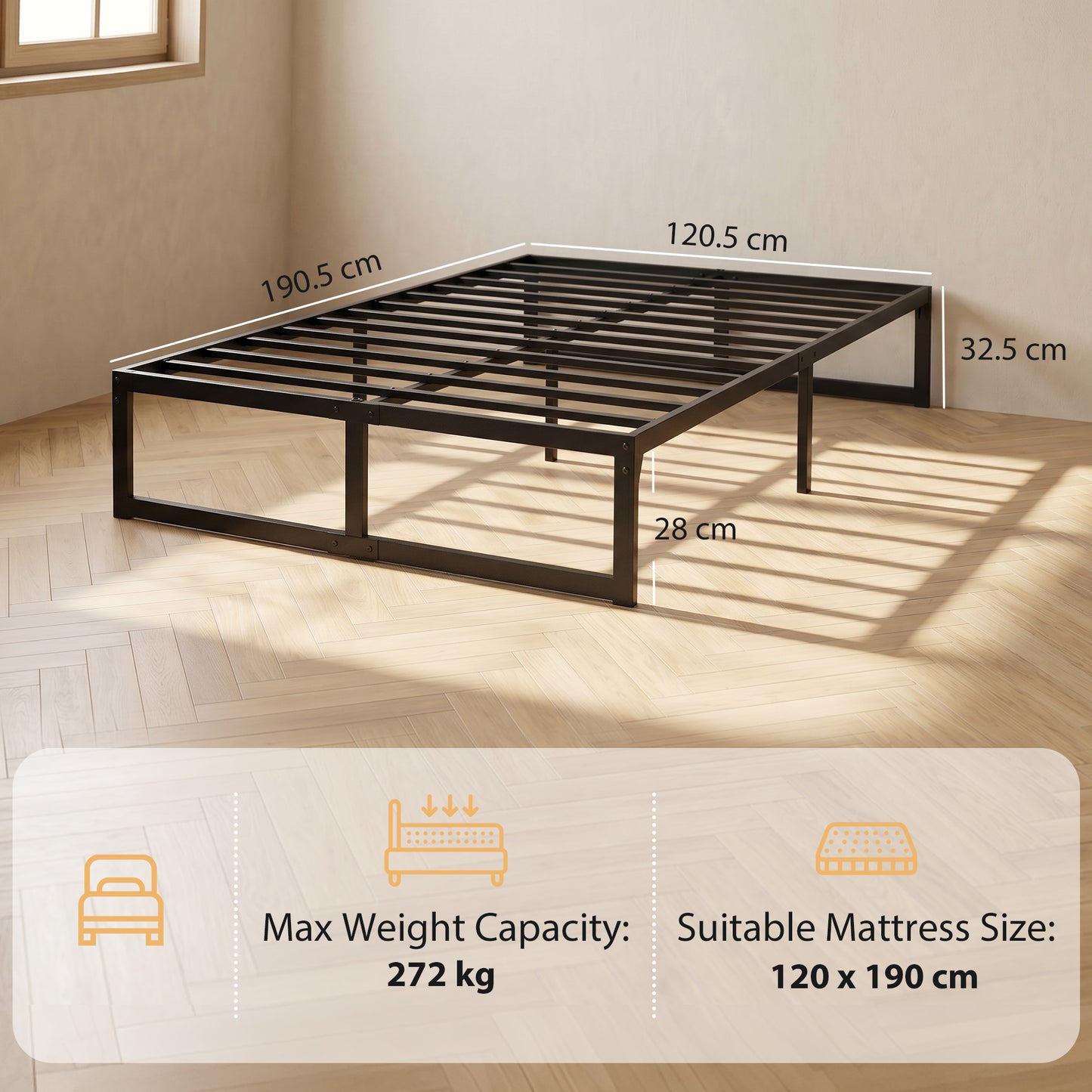 4ft Small Double Bed Frame with Underbed Storage and Steel Slat Support, 32.5 cm Height, Noise-Free, Black