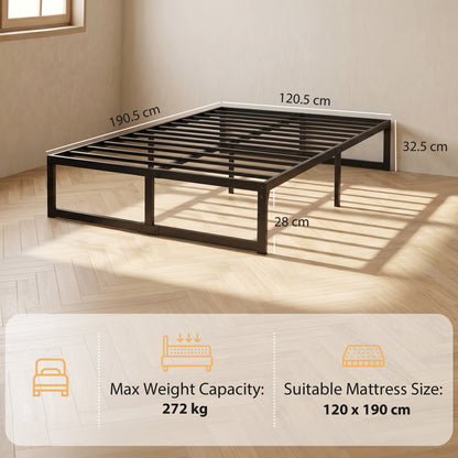 4ft Small Double Bed Frame with Underbed Storage and Steel Slat Support, 32.5 cm Height, Noise-Free, Black