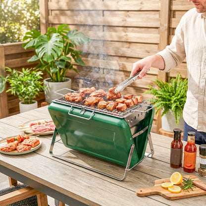 Charcoal BBQ Grill Portable Stainless Steel Barbecue with Tilting Grate for Camping Picnic Garden Dark Green