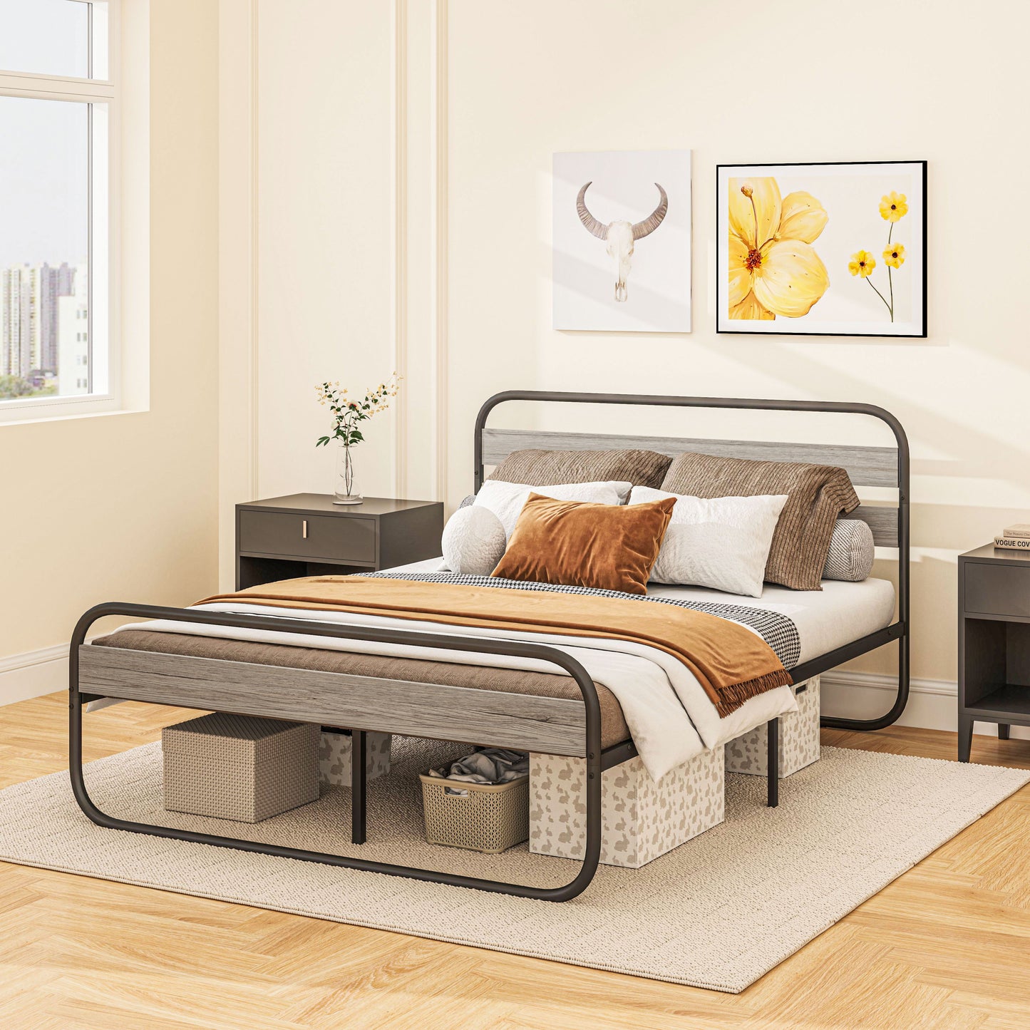 4ft6 Double Bed Frame, Industrial Style Metal Platform Bed Frame with Under Bed Storage, No Box Spring Needed, Easy Assembly