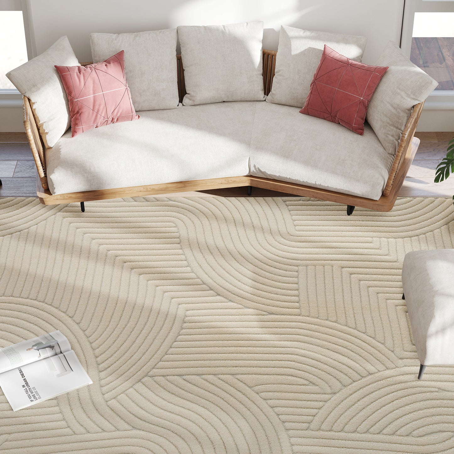 Modern Geometric Rug, Thick Plush, Non-Slip, 160 x 120 cm, Cream, Living Room, Bedroom, Office