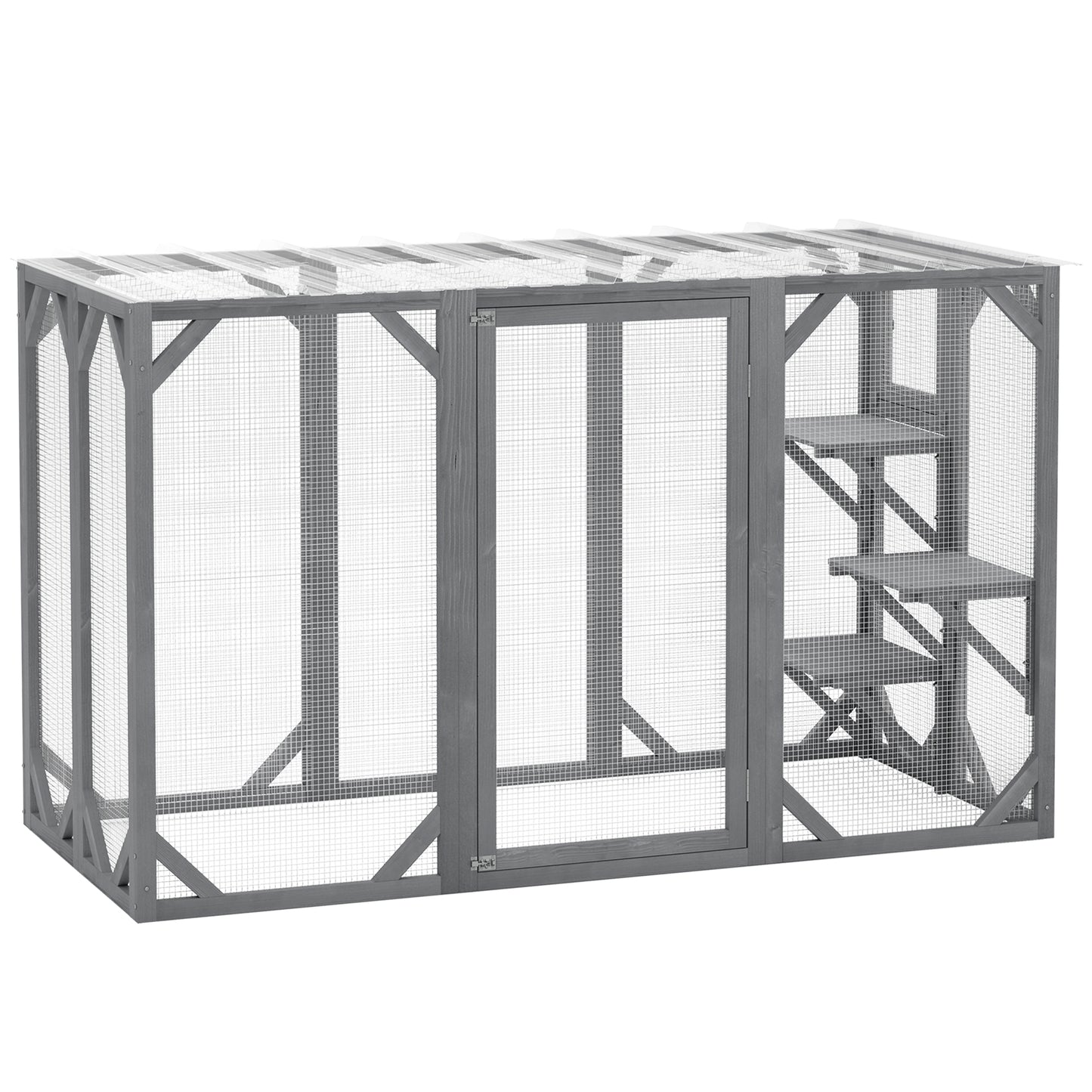 71" Outdoor Wooden Cat House with Three Platforms, Large Door, Water-Resistant Roof, for Multiple Cats, Grey