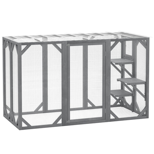 71" Outdoor Wooden Cat House with Three Platforms, Large Door, Water-Resistant Roof, for Multiple Cats, Grey