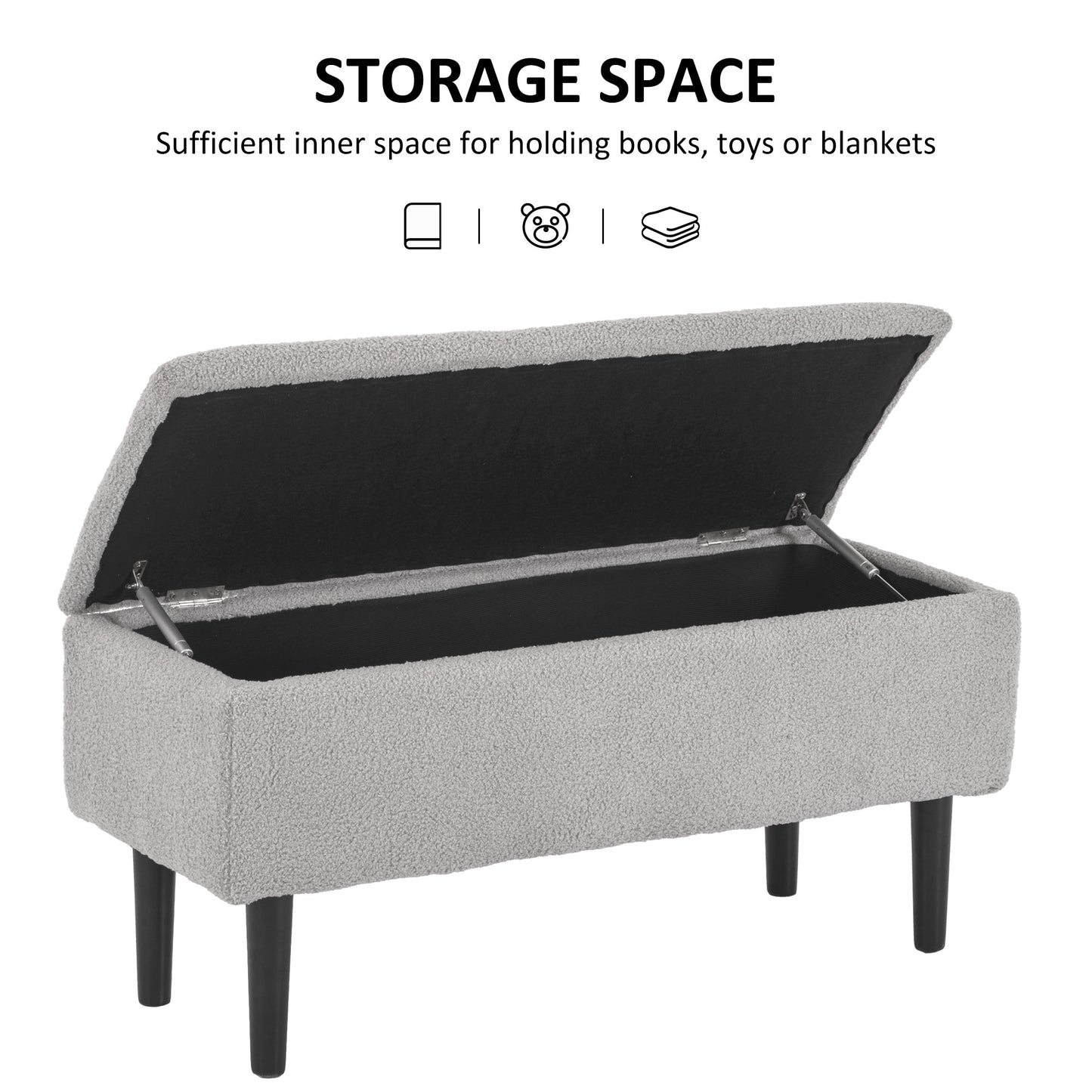 57L Storage Ottoman, End of Bed Bench with Wooden Legs, Fabric Footstool for Living Room, Bedroom, 95 x 38 x 45cm, Grey