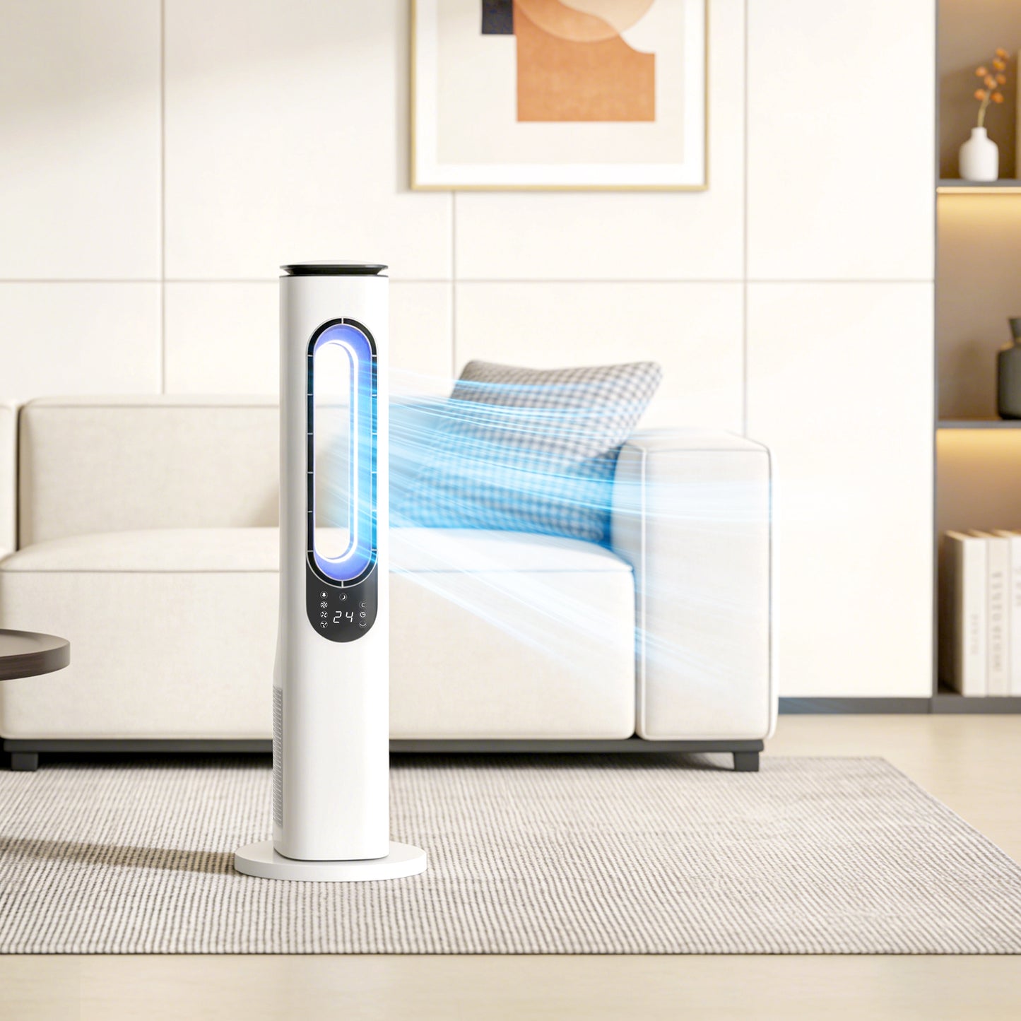Bladeless Tower Fan for Bedroom, 35dB Standing Cooling Fan with Oscillating, LED Lights, 3 Speeds, 15H Timer, White