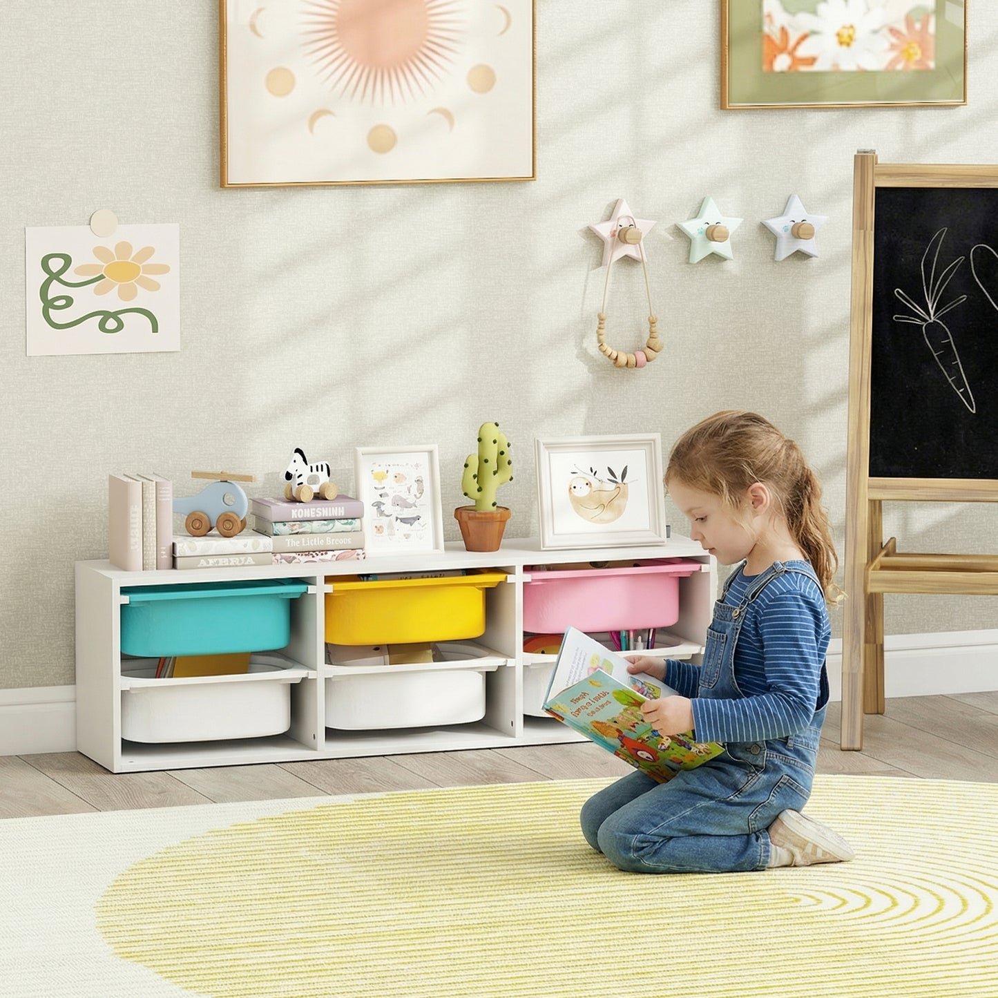 Low Height 2 Tiers Storage Organiser, Kids Toy Storage Unit with 6 Removable Bins for Bedroom, Nursery, Playroom