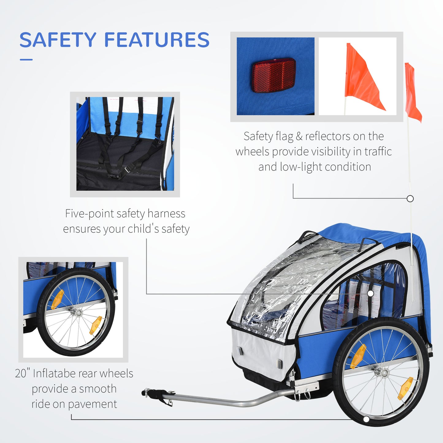 2 Seat Bike Trailer Bicycle wagon for Kids Child Steel Frame Safety Harness Seat Carrier Hitch Coupler Blue White 130 x 76 x