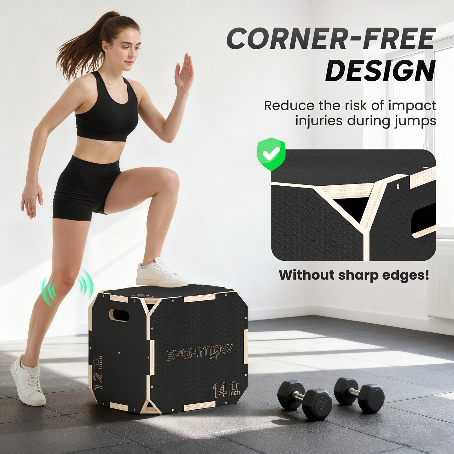 Non-Slip Plyo Box, Corner-free Wooden Jump Box, 31 x 36 x 41 cm