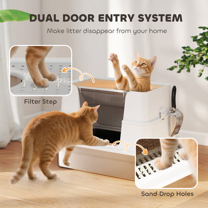 XL Stainless Steel Litter Box w/ 100° Flip Top, Scoop, Side Top Dual Entry, Odor Free, Easy Cleaning, Anti Leakage
