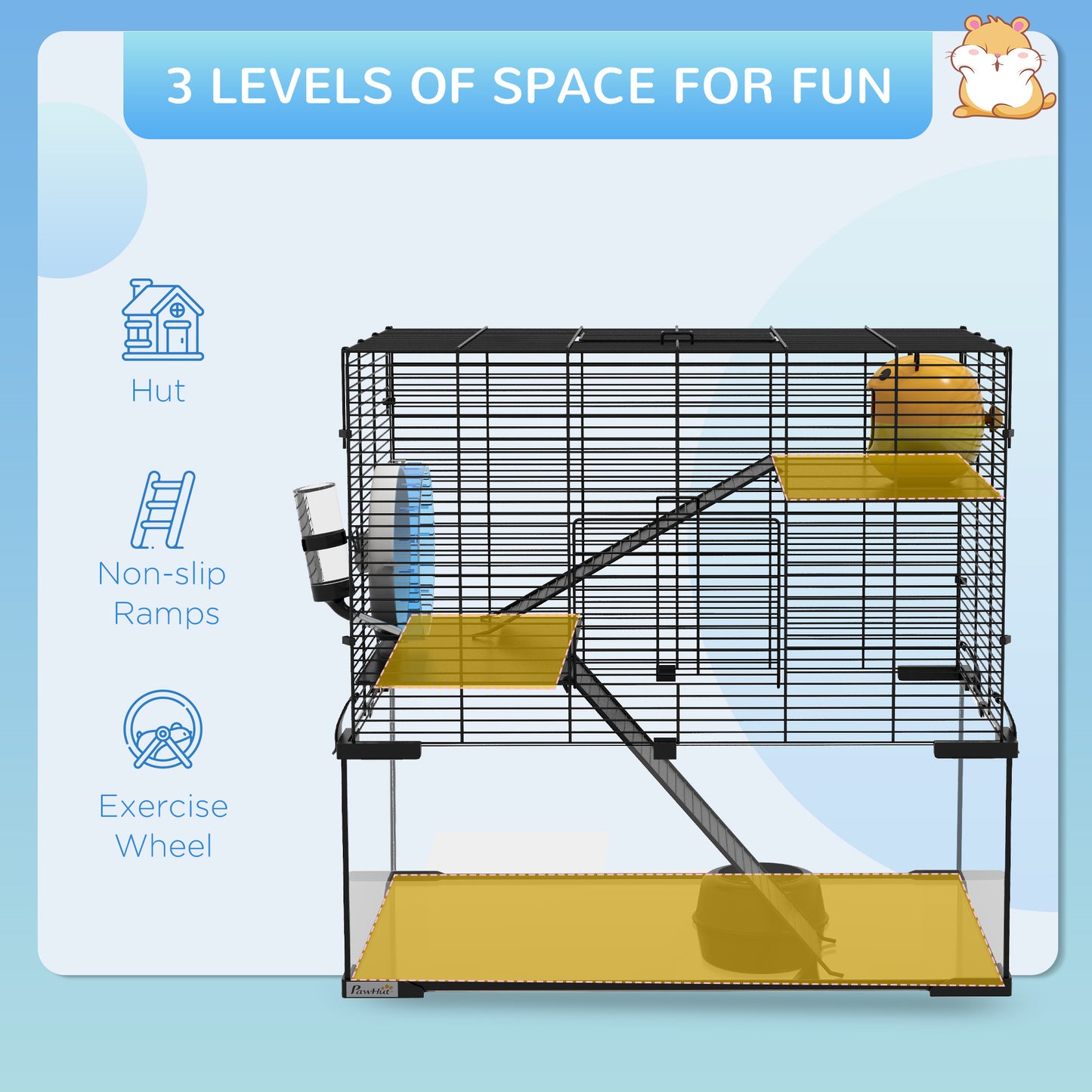 3 Tiers Hamster Cage, Gerbil Cage with Deep Glass Bottom, Non-Slip Ramps, Platforms, Hut, Exercise Wheels, Water Bottle