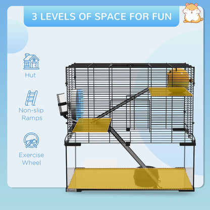 3 Tiers Hamster Cage, Gerbil Cage with Deep Glass Bottom, Non-Slip Ramps, Platforms, Hut, Exercise Wheels, Water Bottle