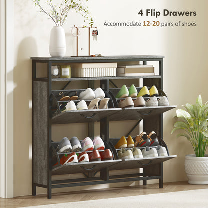 Shoe Storage Cabinet with 4 Flip Drawers and Open Shelf - Cement Grey