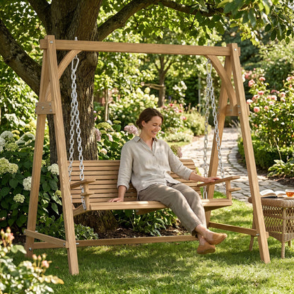 2 Seater Garden Swing Seat, Wooden Swing Chair Bench with Cup Holders for Outdoor Porch Patio, Natural