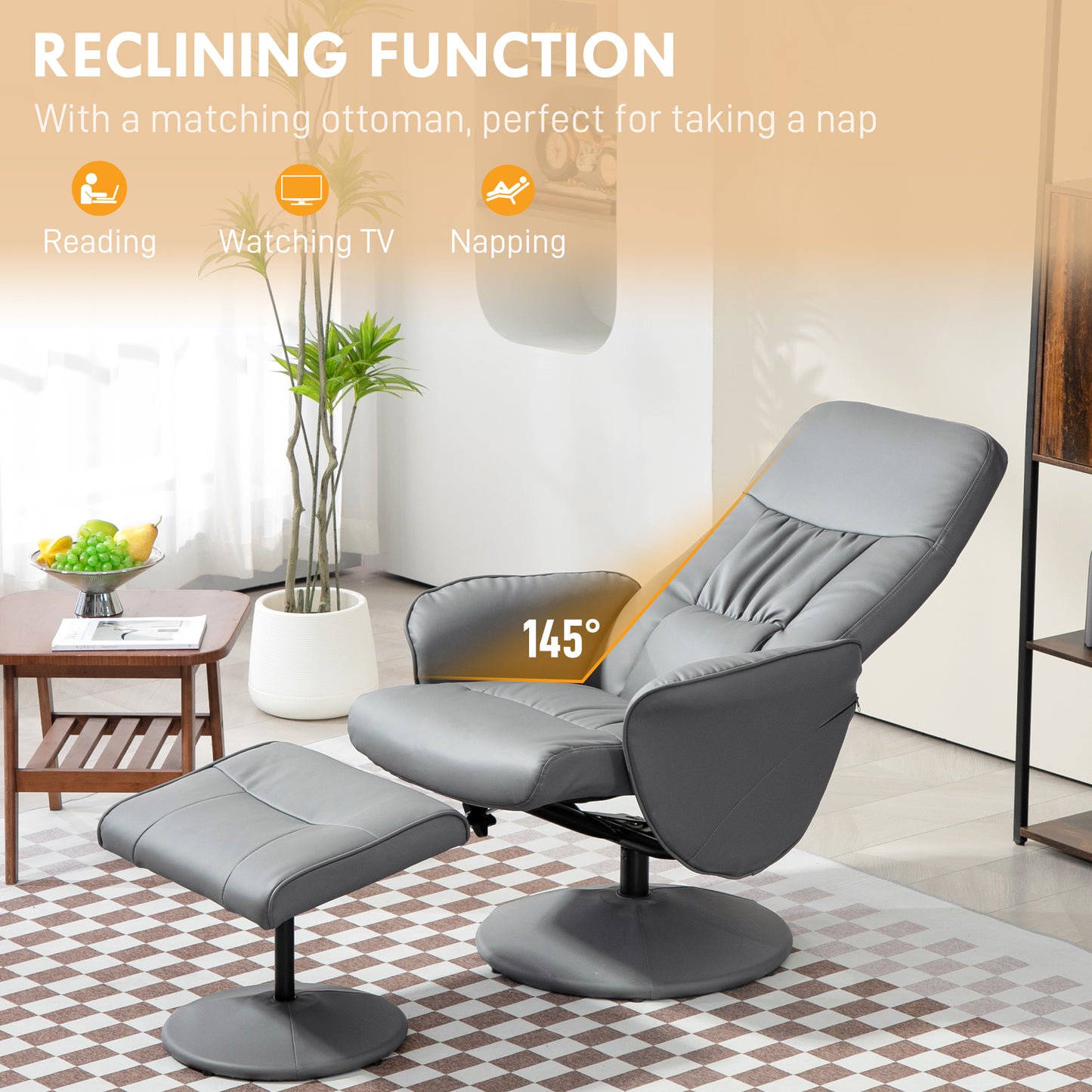 Swivel Recliner Chair with Footstool, PU Leather Armchair and Ottoman with High Back and Round Base for Living Room
