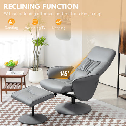 Swivel Recliner Chair with Footstool, PU Leather Armchair and Ottoman with High Back and Round Base for Living Room