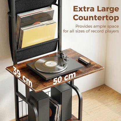 Vinyl Record Player Stand Record Storage with Player Stand Oxford Fabric Pockets Bottom Shelf Rustic Brown and Black