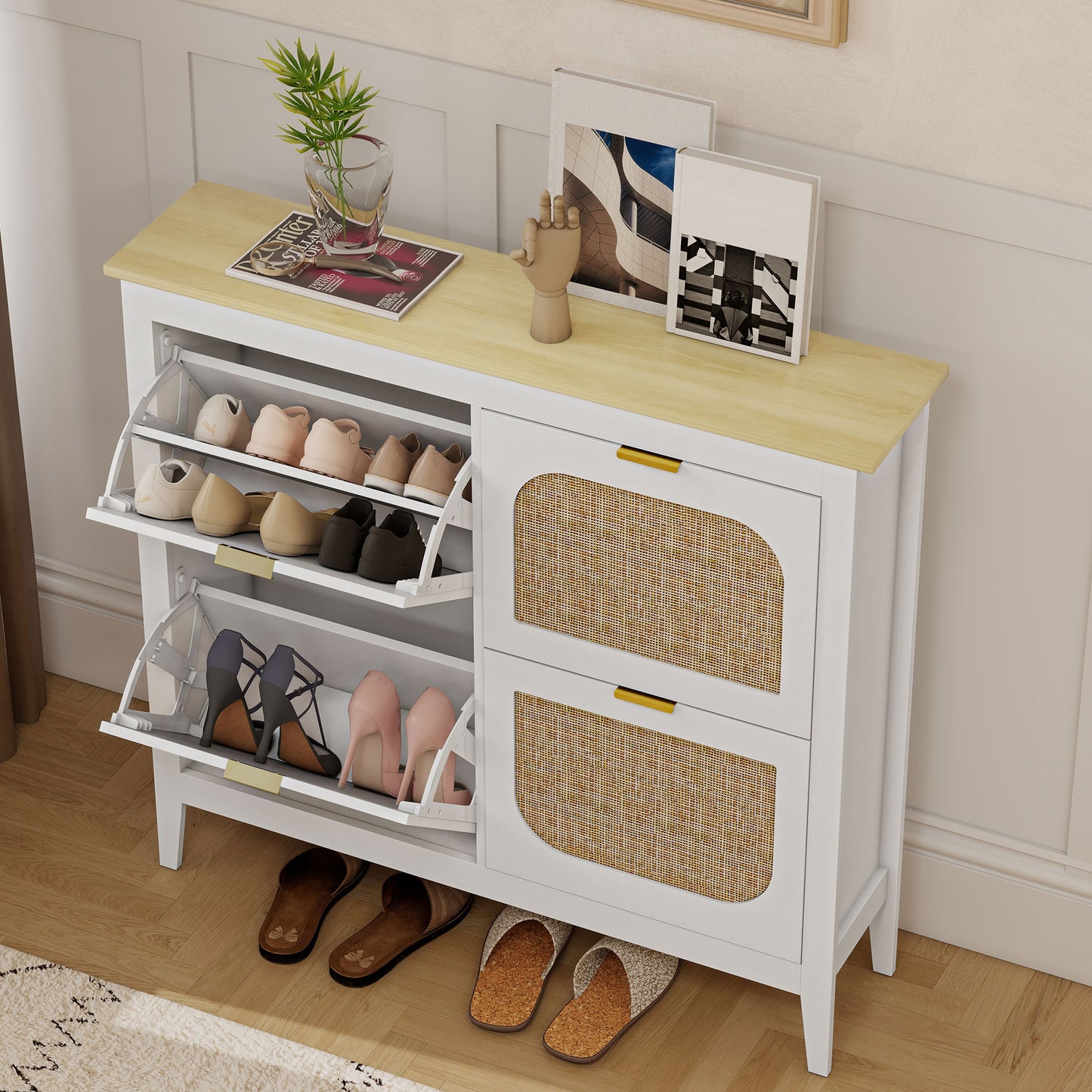 Narrow Shoe Cabinet, Boho Slim Shoe Storage Cabinet with 4 Flip Drawers, Holds 20 Pairs, White