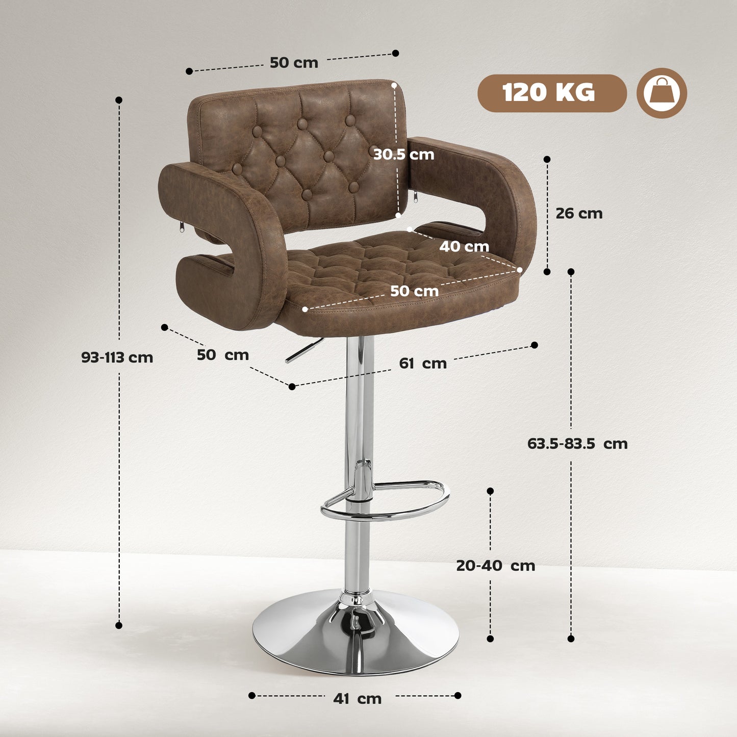 PU Leather Upholstered Swivel Bar Stool, Height Adjustable with Back, Armrest, Footrest, Coffee