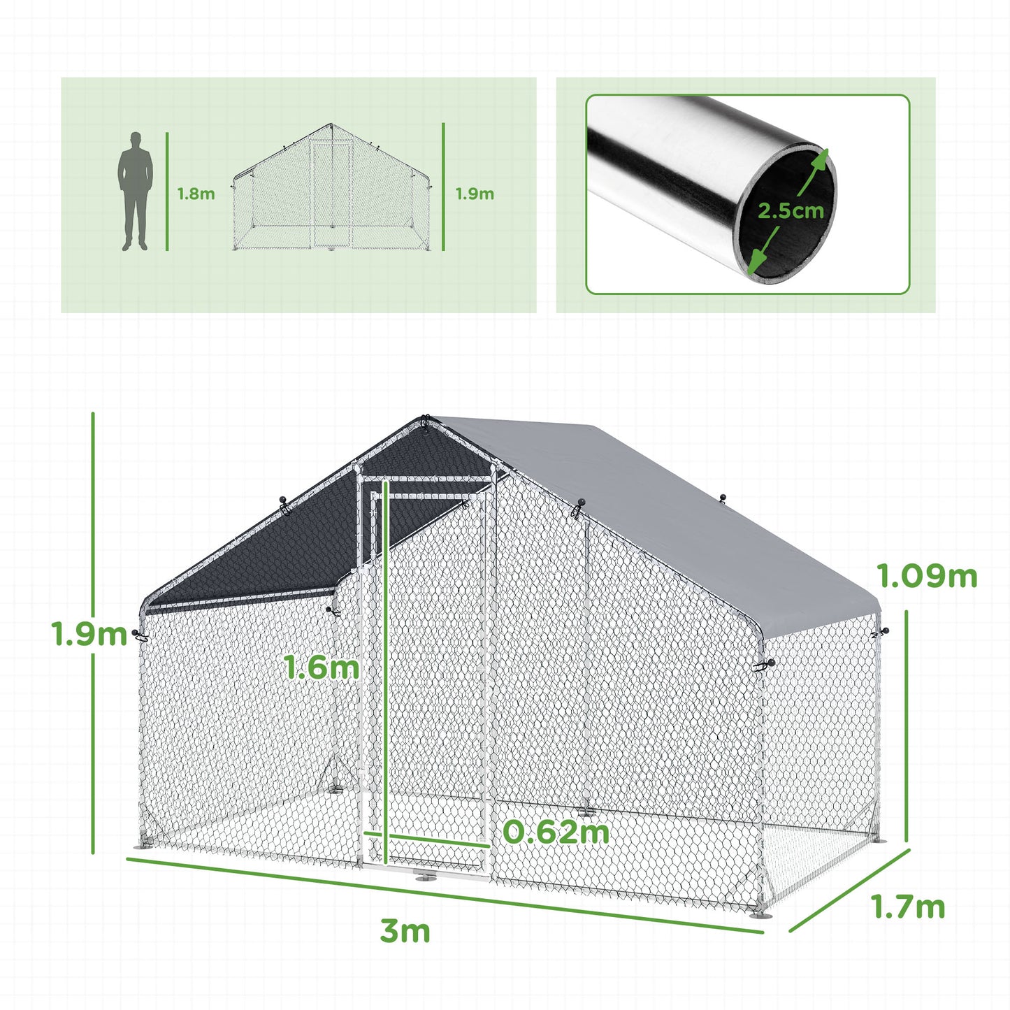 Large Chicken Coop, Galvanised Walk In Chicken Coop Hen House w/ Water-Resist Cover, Grey