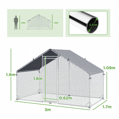 Large Chicken Coop, Galvanised Walk In Chicken Coop Hen House w/ Water-Resist Cover, Grey