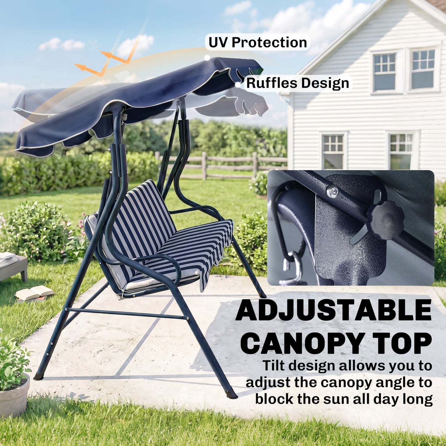 3 Seater Garden Swing Seat Chair Outdoor Bench with Adjustable Canopy and Metal Frame, Blue Stripes