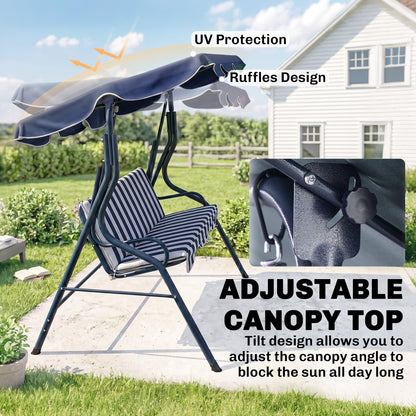 3 Seater Garden Swing Seat Chair Outdoor Bench with Adjustable Canopy and Metal Frame, Blue Stripes