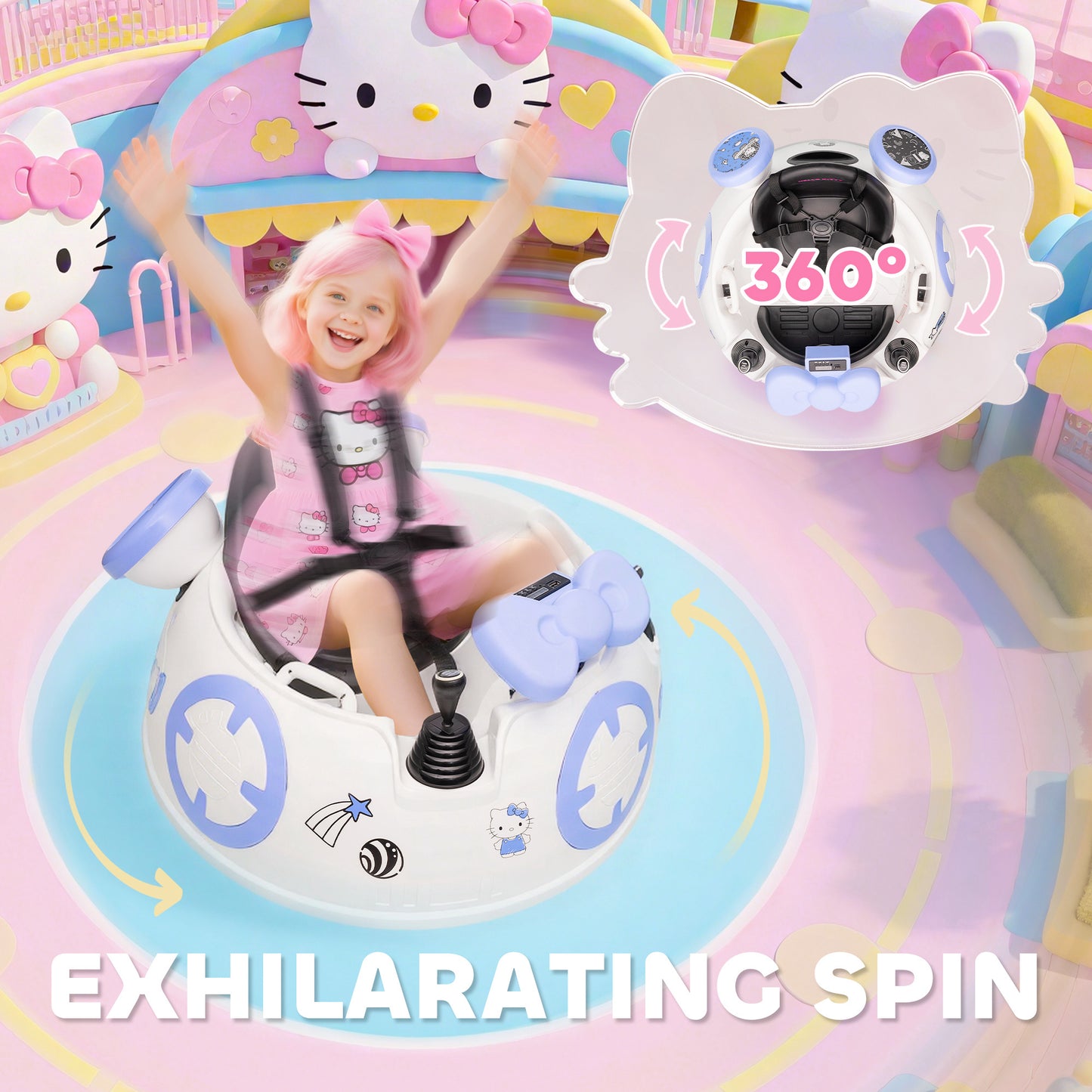 Hello Kitty Kids Ride on Bumper Car with Remote Control, Two Joysticks, Music, Lights, Safety Belt, White