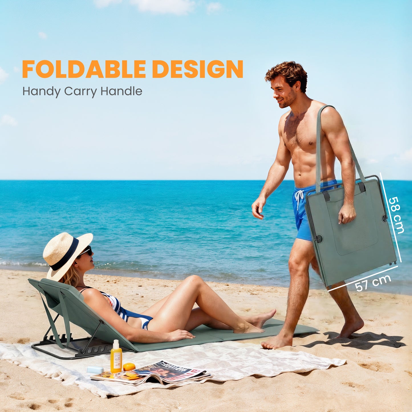 Foldable Sun Loungers Set of 2, Portable Folding Beach Lounger with 4-level Adjustable Backrest, Grey