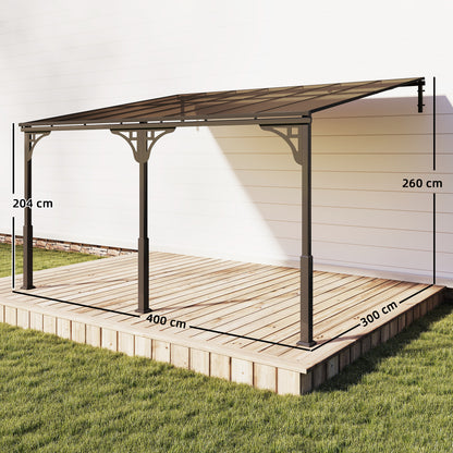 4 x 3 m Metal Lean-to Pergola, Wall-Mounted Garden Pergola with Polycarbonate Roof and Metal-Aluminium Frame