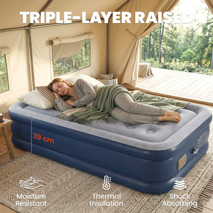 Inflatable Mattress, Single Air Bed with Built-in Electric Pump, 3 Mins Inflation, Flocked Surface, Grey
