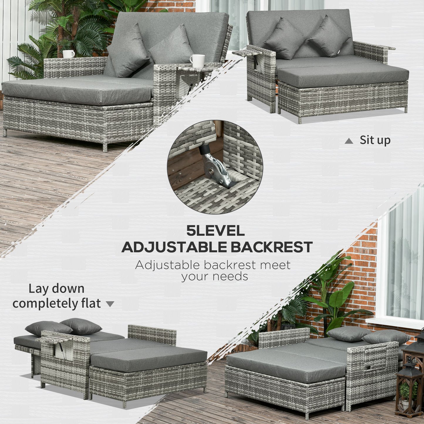 Rattan Garden Daybed, Assembled Double Sun Lounger with 5-Level Adjustable Back, Storage Ottoman, Cushions