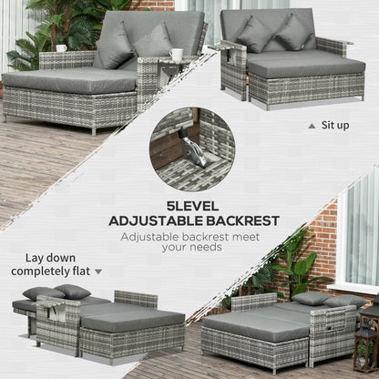 Rattan Garden Daybed, Assembled Double Sun Lounger with 5-Level Adjustable Back, Storage Ottoman, Cushions