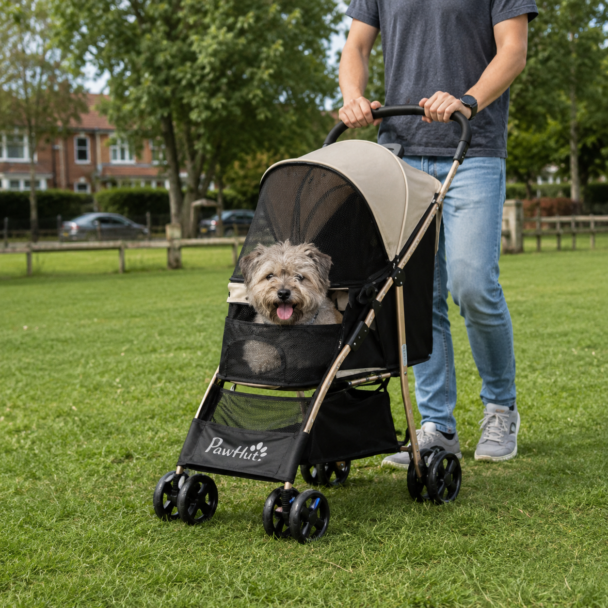 Pet Stroller for Small and Miniature Dogs, with Rain Cover - Khaki