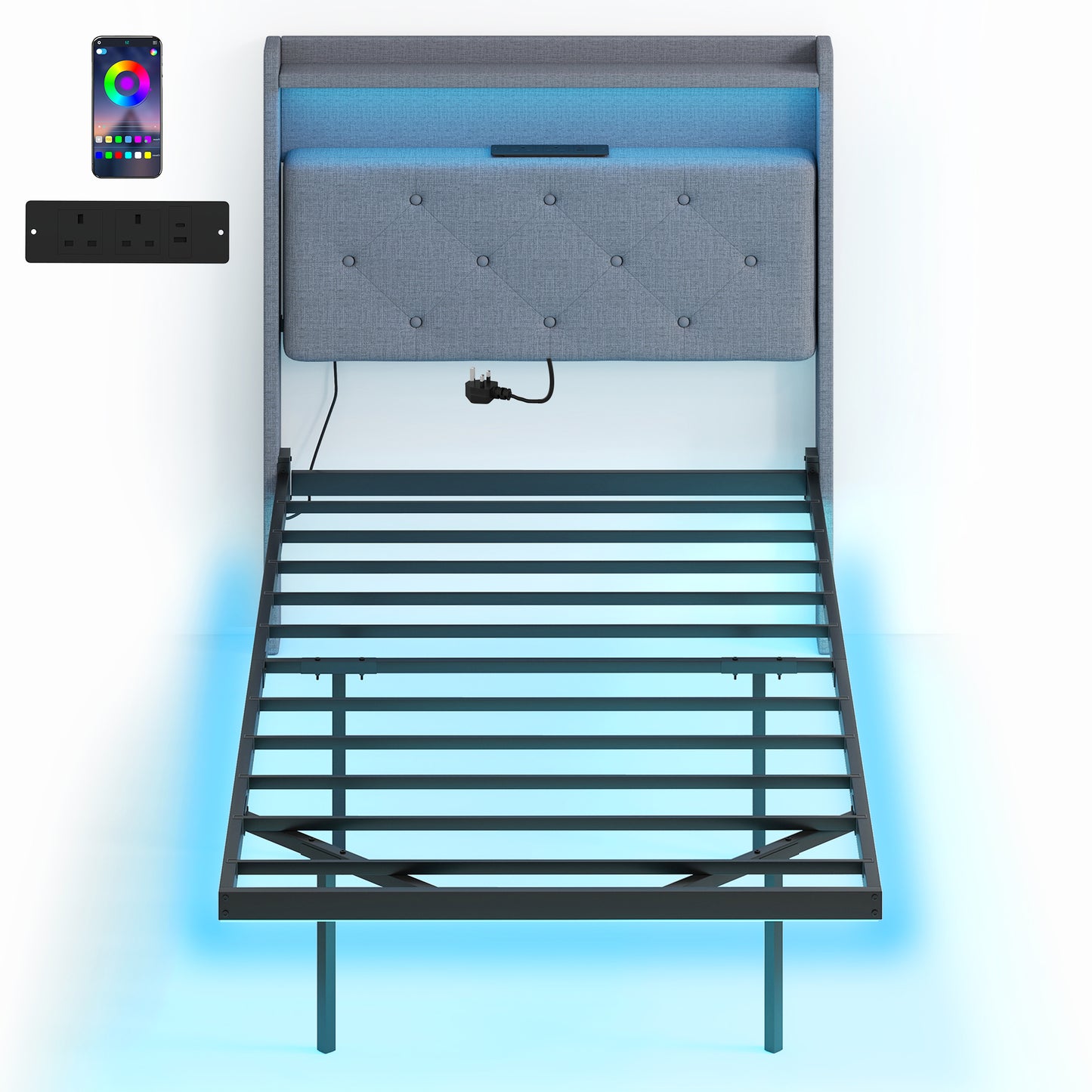 Floating Bed Frame, Upholstered 3ft Single Size Bed, Platform Bed with RGB LED Lights and Charging Station, Grey
