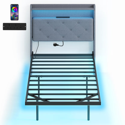 Floating Bed Frame, Upholstered 3ft Single Size Bed, Platform Bed with RGB LED Lights and Charging Station, Grey
