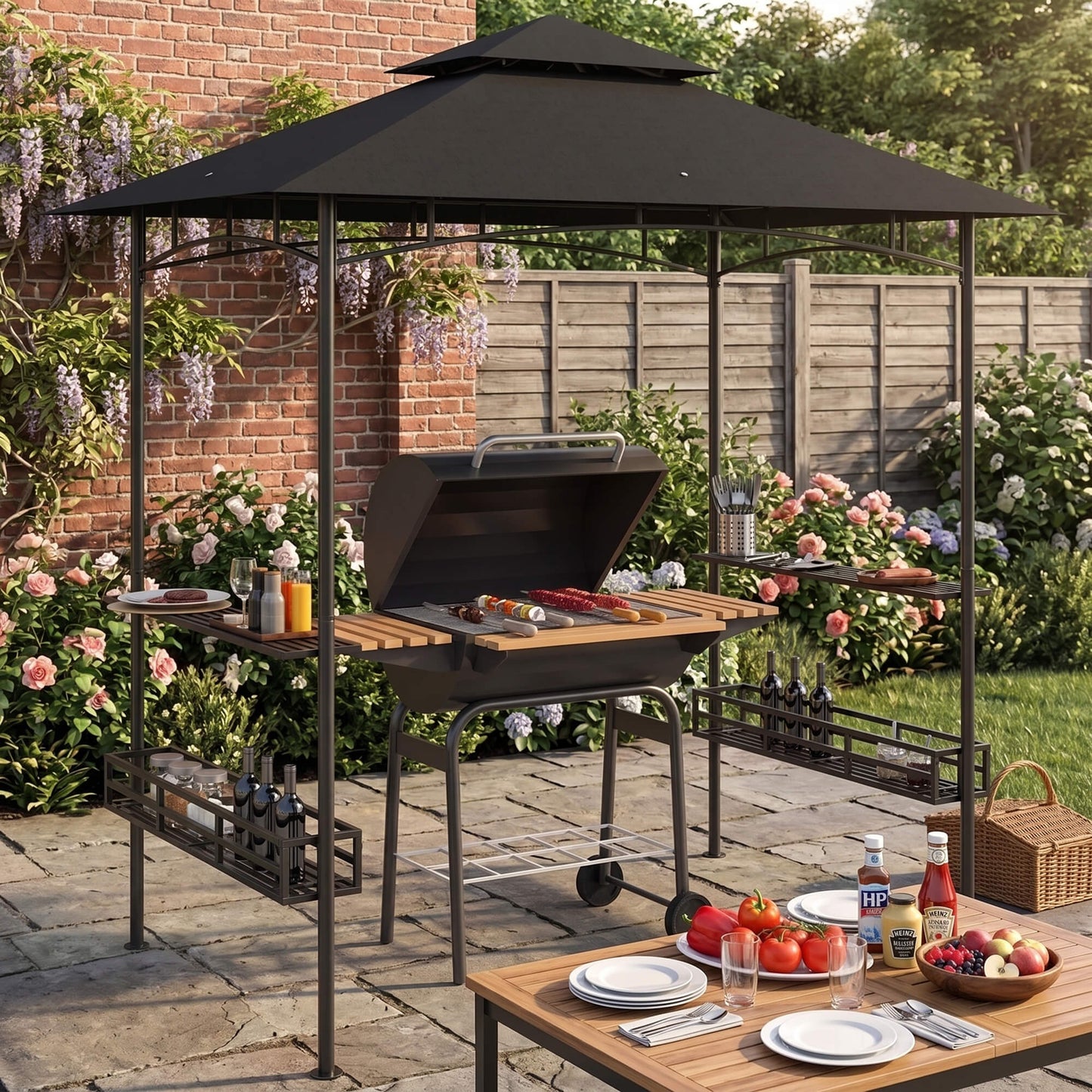 150 x 240cm BBQ Grill Gazebo, with Shelves - Grey