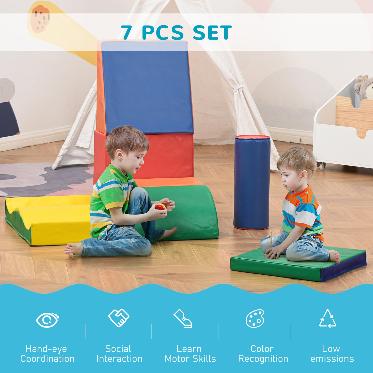 Soft Play Set, 7 Piece Foam Blocks, Toddler Climb and Crawl Activity Set for 1-3 Years