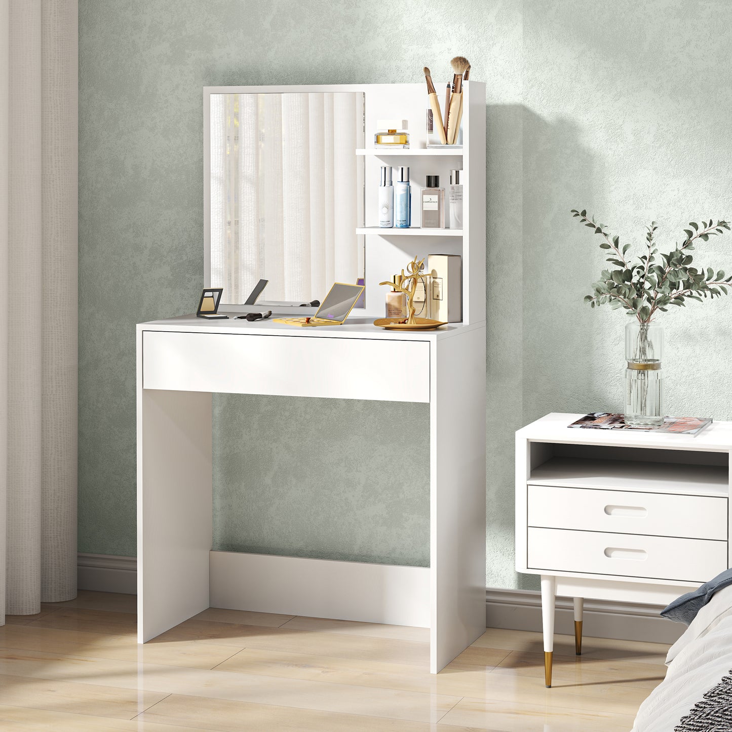 Dressing Table with Mirror and Storage - White