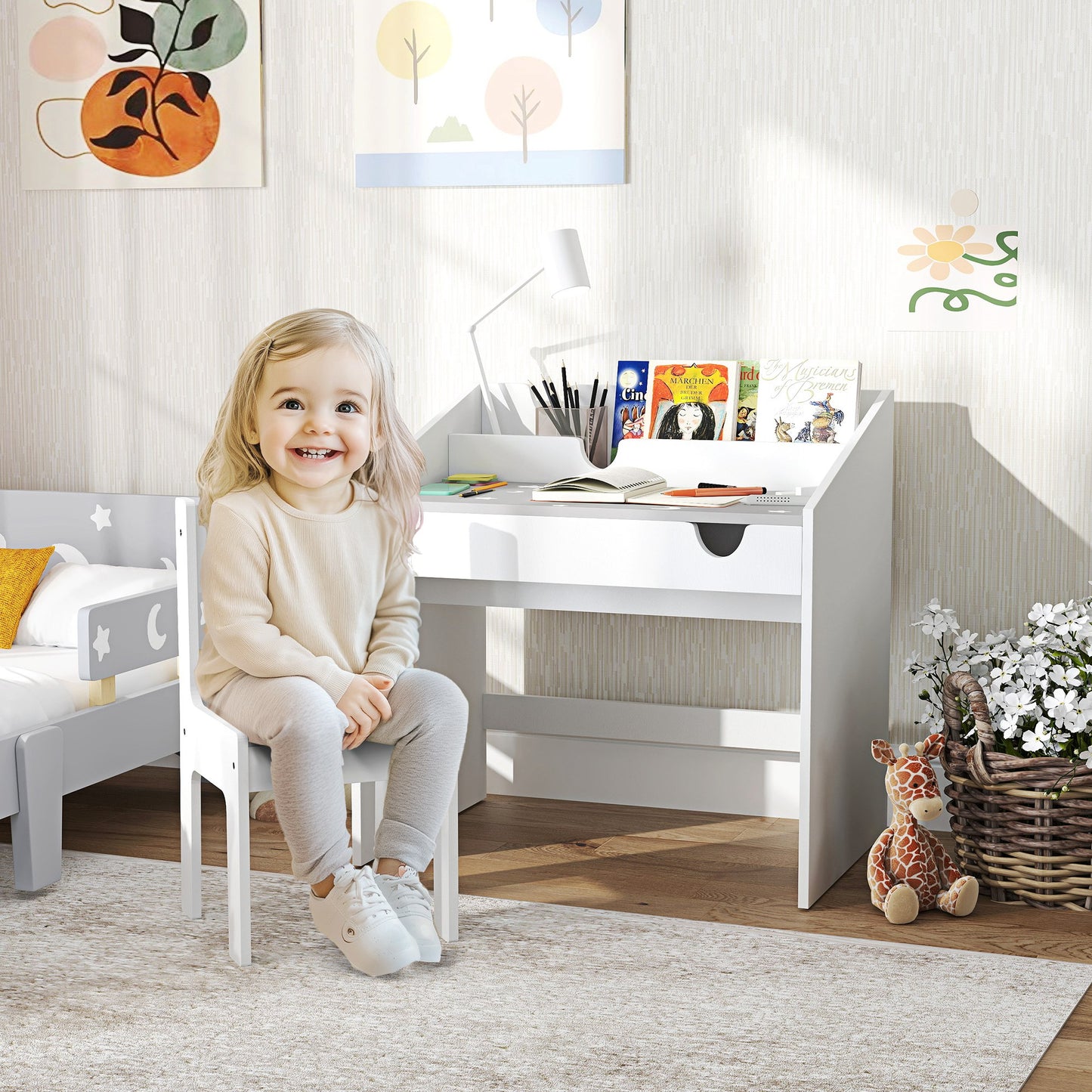 Children Study Table and Chair, Kids Desk and Chair Set with Storage, Pull-Out Drawer, for Ages 3-6 Years, Grey