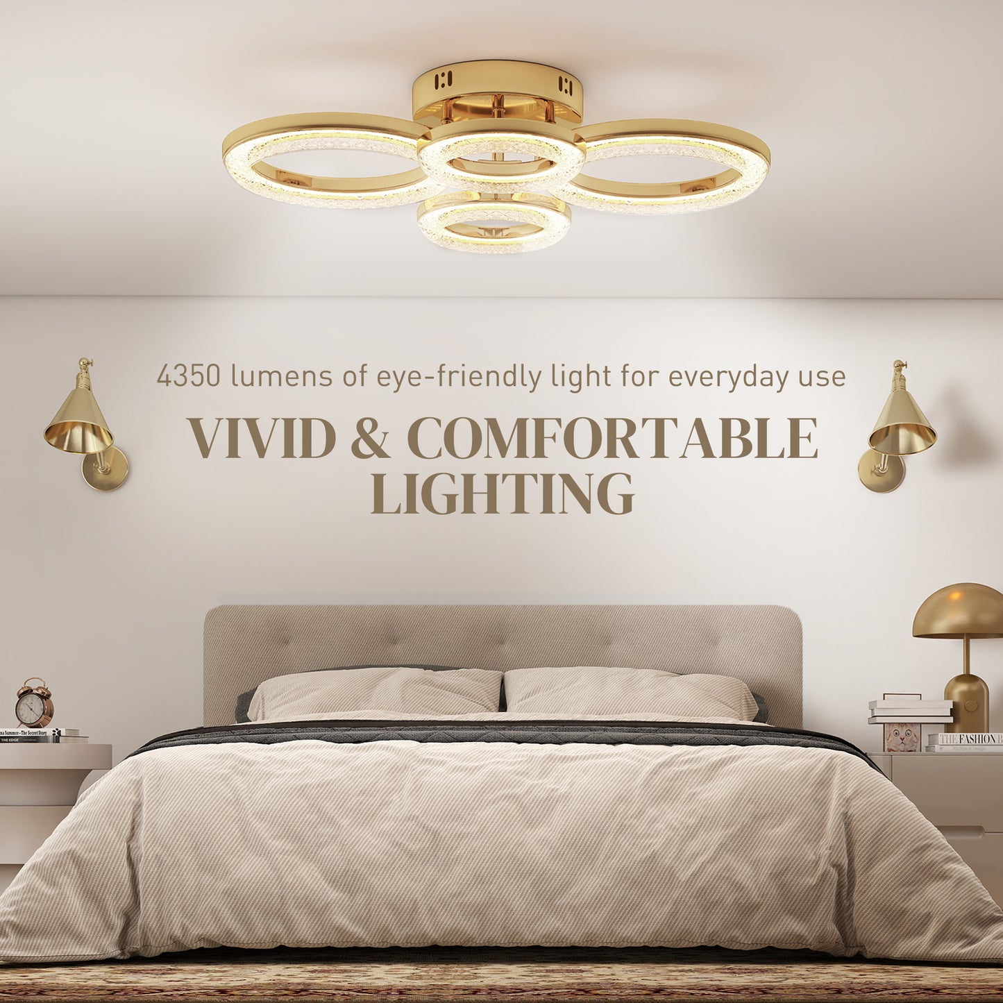 4-Ring LED Ceiling Light, Flush Mount Ceiling Light with 3 Colour Temperatures, Gold Tone