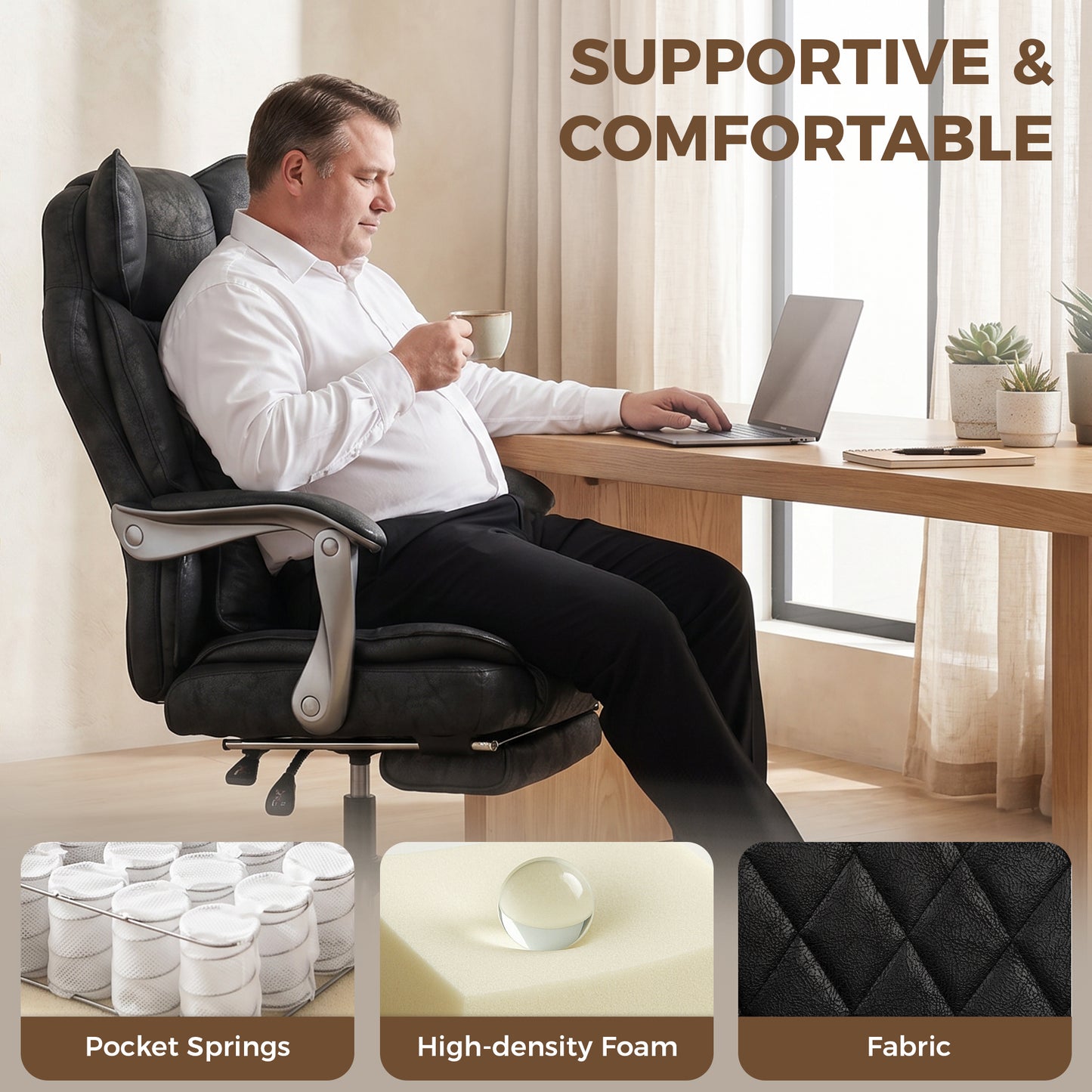 Executive Office Chair, Leathaire Big and Tall Office Chair 180 kg with Wide Seat, Reclining, Lumbar Support, Black