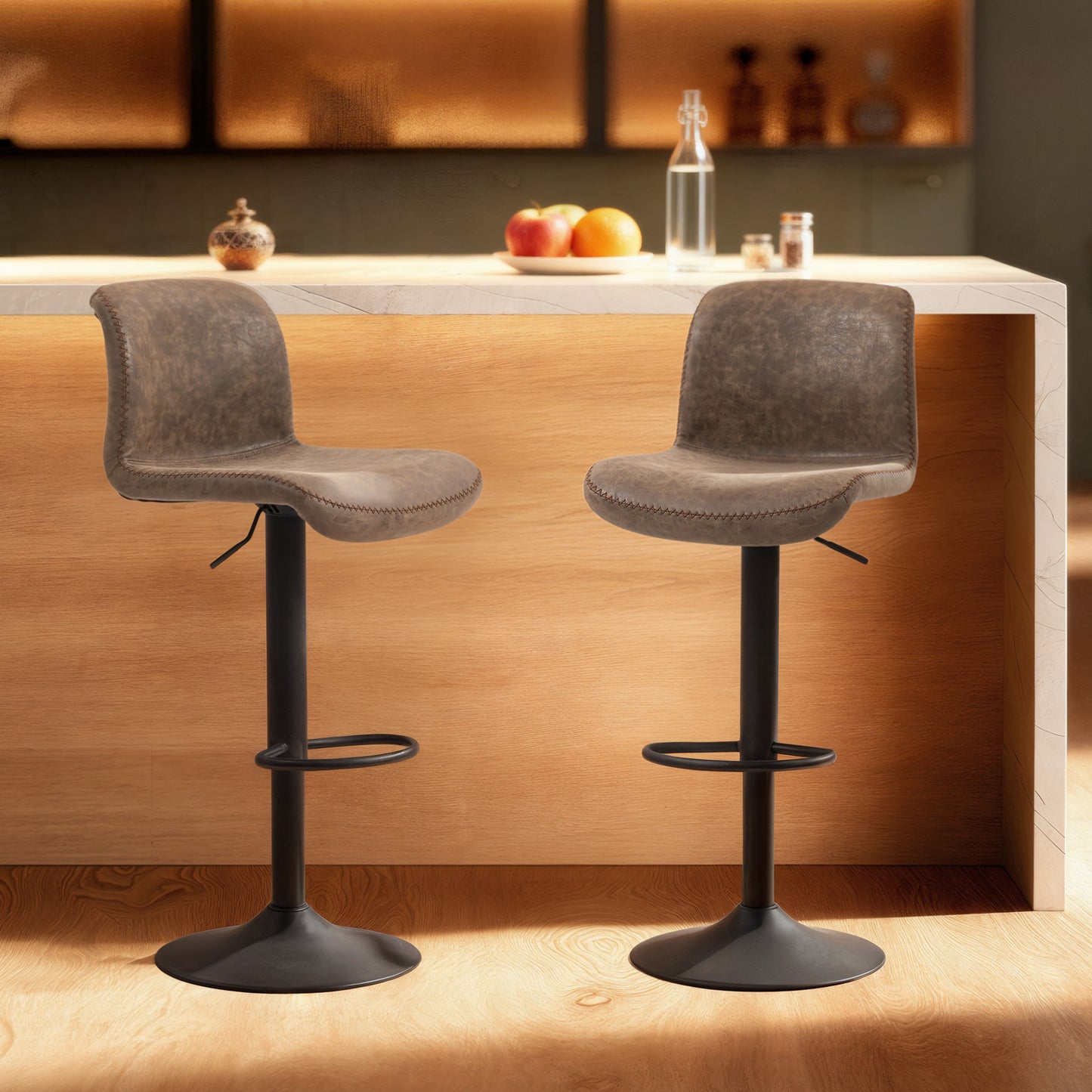 Bar Stools Set of 2, PU Leather Barstools with Backrest and Footrest for Kitchen, Counter, Breakfast Bar, Brown