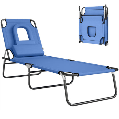 Folding Sun Lounger with Face Hole, 4-Position Adjustable Backrest Garden Recliner Chair Sunbed, Outdoor Lounge Chair